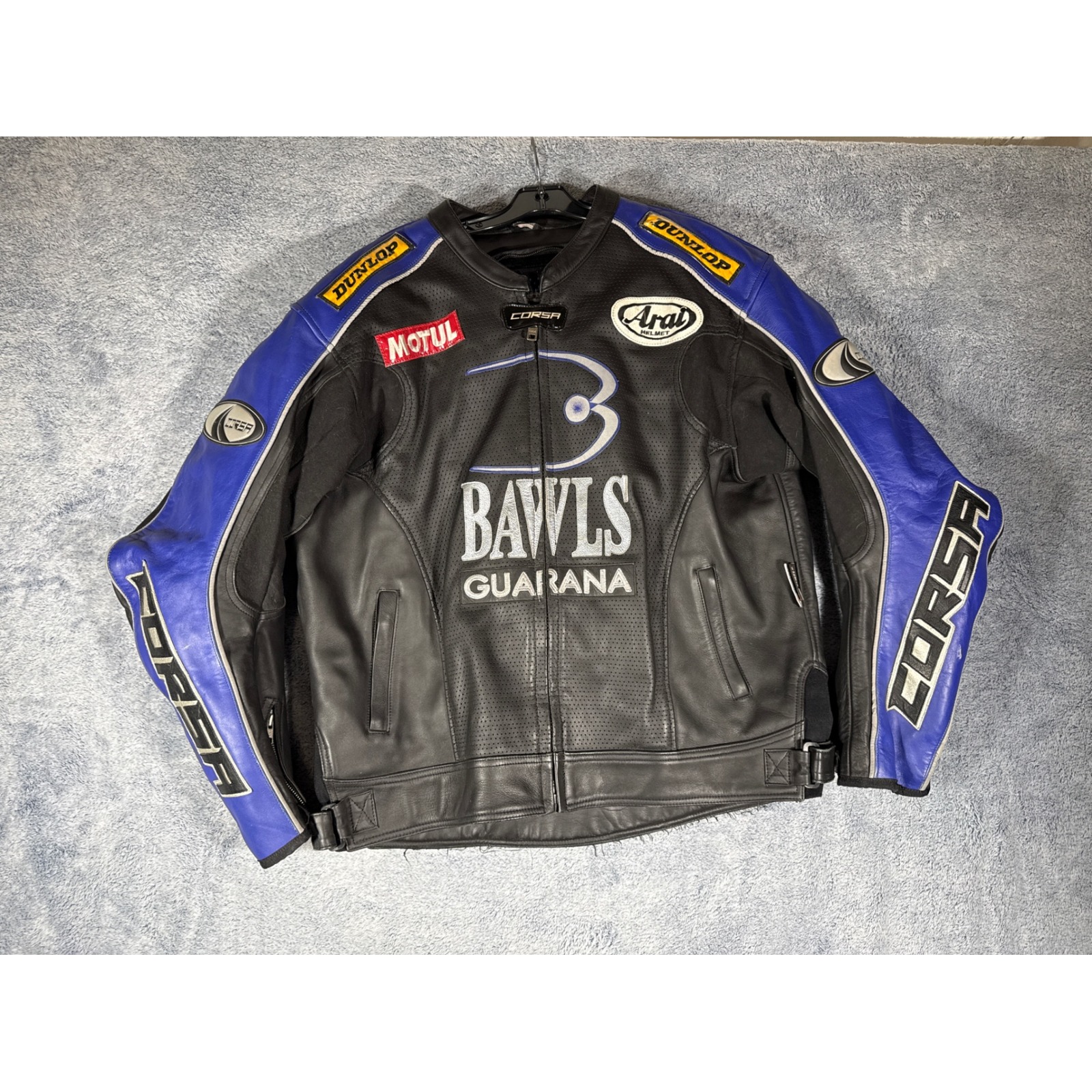 Corsa Bawls Guarana Leather Motorcycle Racing Jacket Mens 52 Black Blue Motul